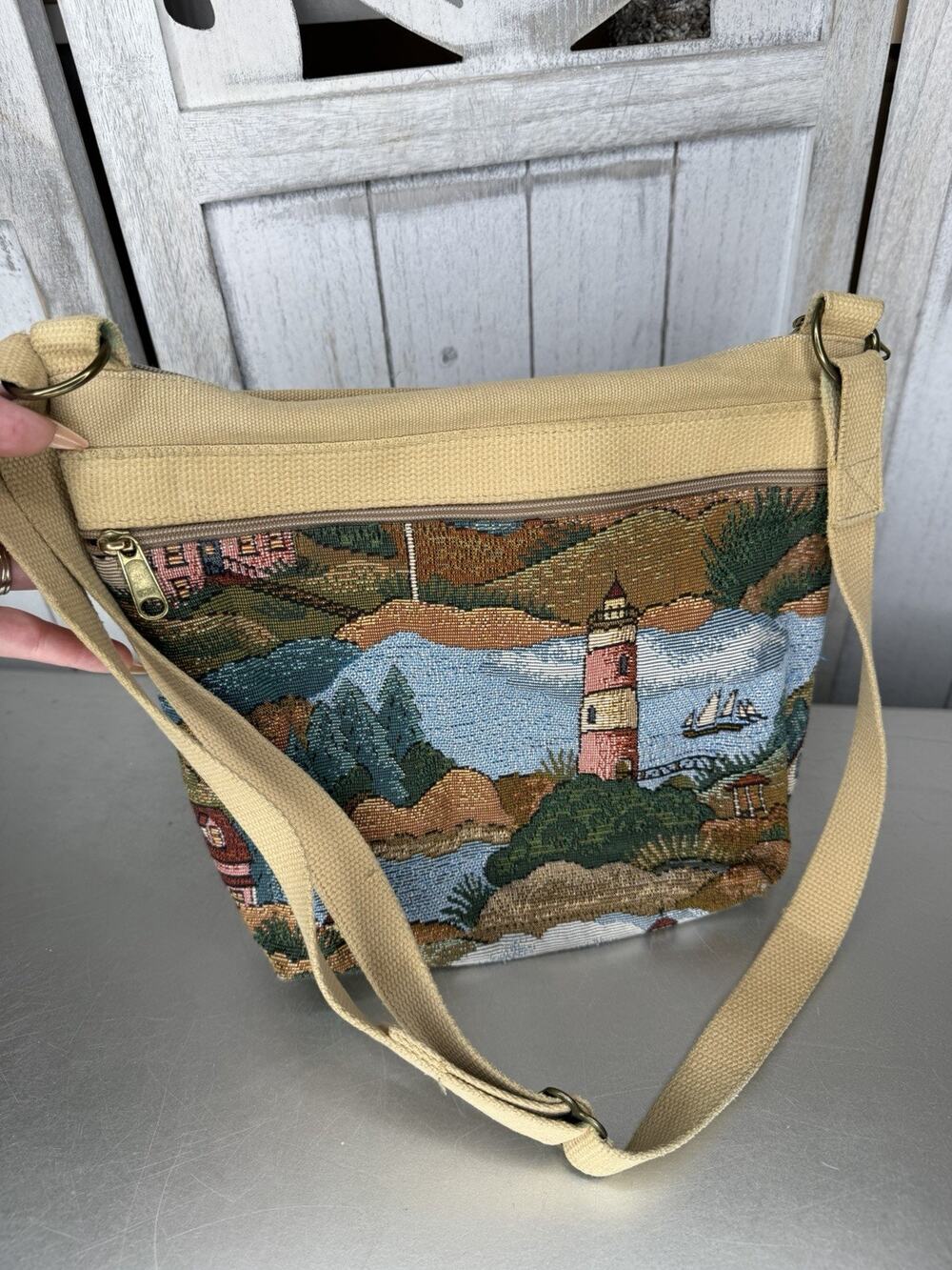 VTG My Maine Bag Tapestry Lighthouse Scene Purse Granny Core Nautical Sea